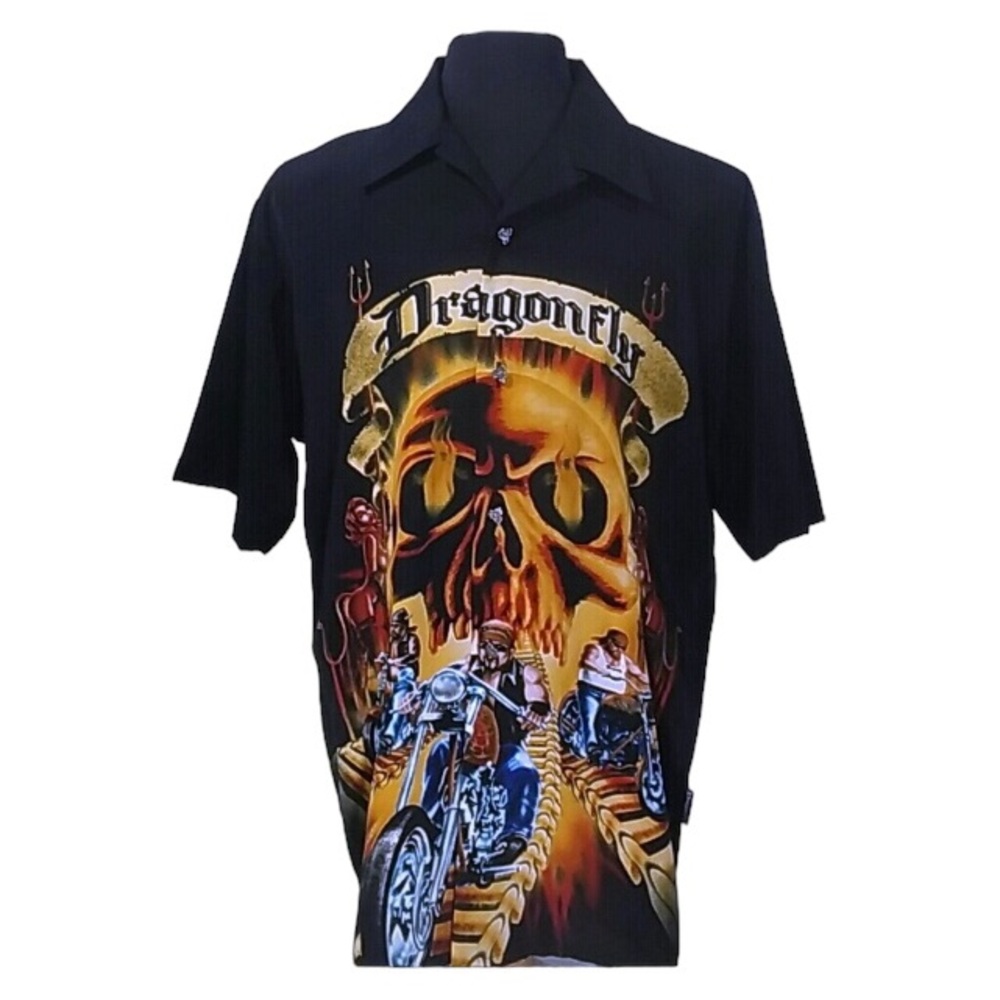 Vintage Y2K dragonfly motorcycle gang and fiery skull